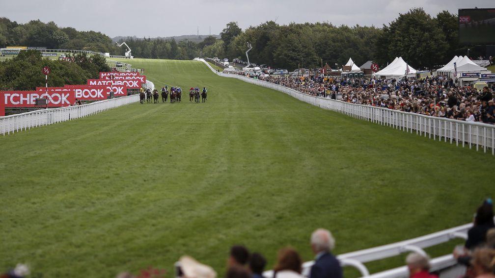 CHICHESTER, ENGLAND - AUGUST 03: A general view as runners near the finish on day three of the Qatar Goodwood Festival at Goodwood racecourse on August 3, 2017 in Chichester, England. (Photo by Alan Crowhurst/Getty Images)