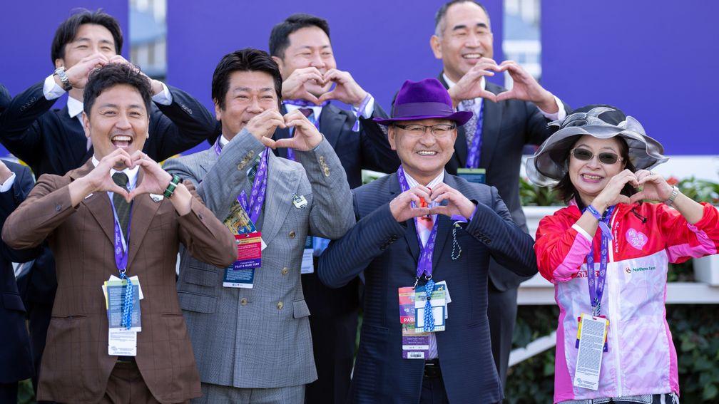 Loves Only You trainer Yoshito Yahagi (purple hat) after the Filly & Mare TurfDel Mar 6.11.21 Pic: Edward Whitaker
