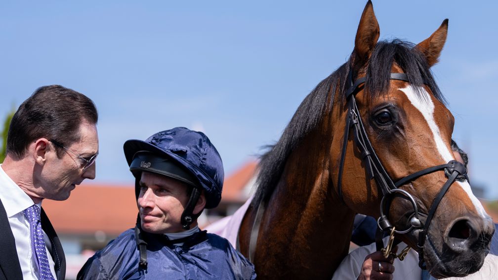 Coolmore representative Paul Smith, Ryan Moore and Capulet after the Dee Stakes