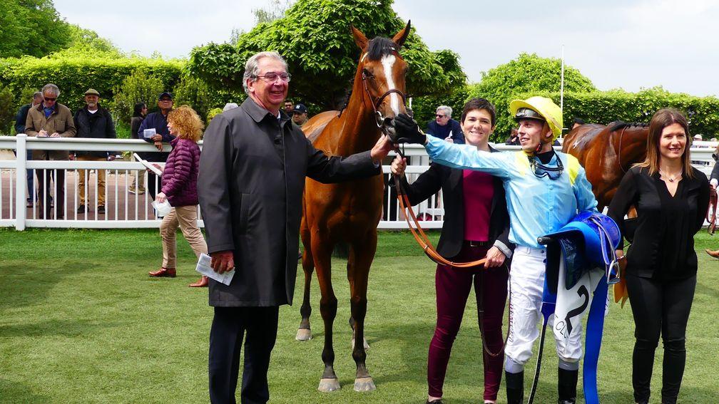 Jean-Claude Rouget with Etoile - not to be confused with Coolmore's juvenile of the same name - after winning the Prix Cleopatre