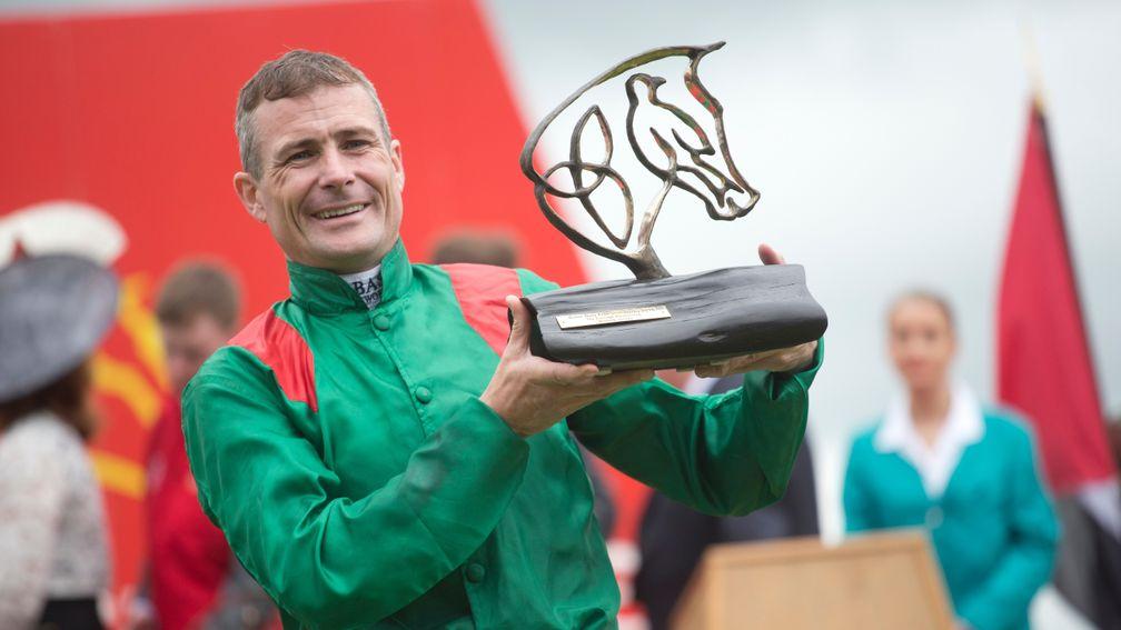 Pat Smullen: celebrates winning the 2016 Irish Derby aboard Harzand