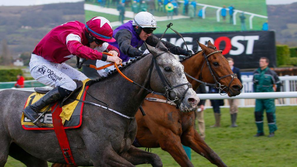 Farclas (grey) keeps on strongly to beat Mr Adjudicator in the JCB Triumph Hurdle