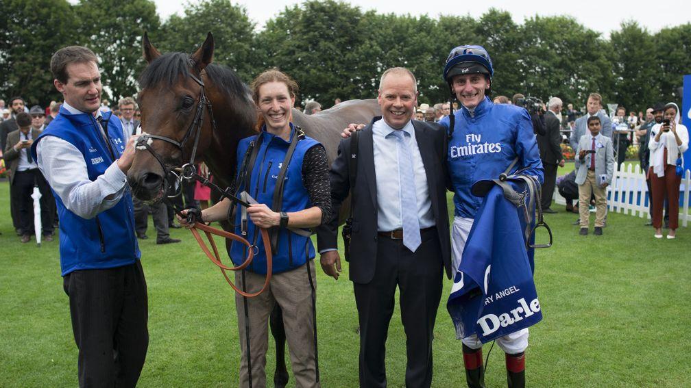 Clive Cox and Adam Kirby beam with delight after Harry Angel's July Cup win