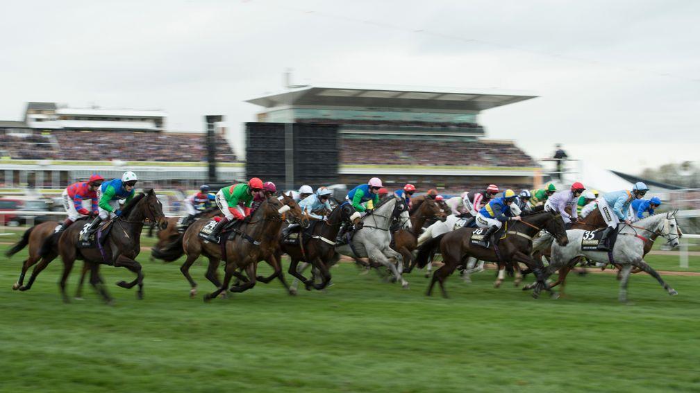 The runners are sent on their way in the 2014 Grand National at Aintree