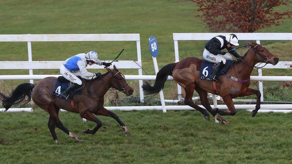 Getaway Katie Mai (Nina Carberry) finishes second to subsequent Champion Bumper winner Relegate at Leopardstown
