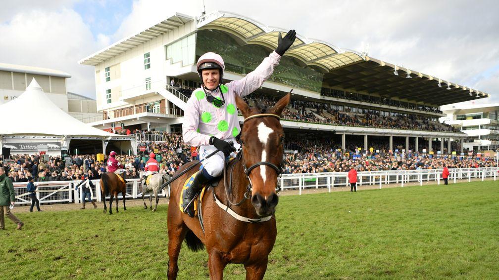 CHELTENHAM, ENGLAND - MARCH 12: Paul Townend riding Min celebrates winning the Ryanair Chase (Grade 1) at Cheltenham Racecourse on March 12, 2020 in Cheltenham, England. (Photo by Dan Mullan/Getty Images)
