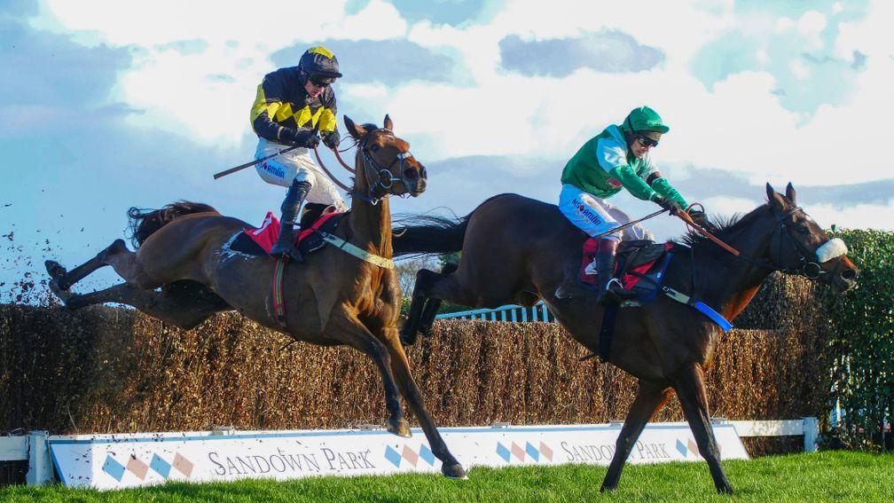 Thomas Patrick (far side) and Elegant Escape tackle the last in the Future Stars Chase