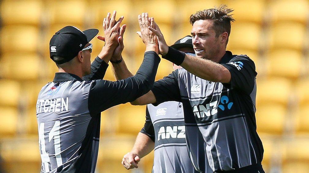 Tim Southee celebrates one of his three wickets in the win over Pakistan in Wellington
