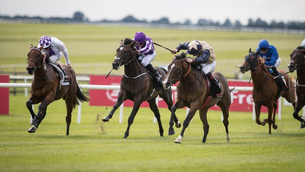 Beckford (gold star on cap): the grandson of Dansili scores in the Group 2 Railway Stakes at the Curragh