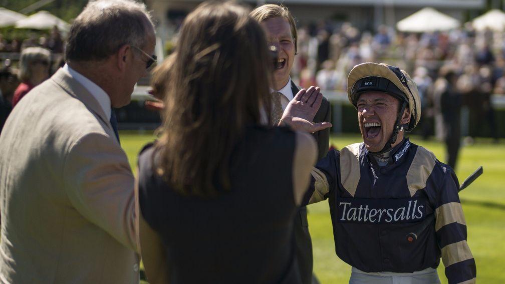 CHICHESTER, ENGLAND - MAY 26:  Frankie Dettori shares a joke with connections at Goodwood racecourse on May 26, 2017 in Chichester, England. (Photo by Alan Crowhurst/Getty Images)