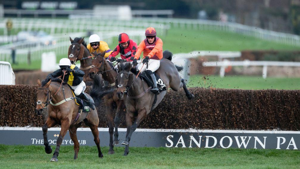 Seeyouatmidnight (Ryan Mania) leads over the final fence and wins the final of the 2020 Veterans' Steeple Chase SeriesSandown 2.1.21 Pic: Edward Whitaker/ Racing Post