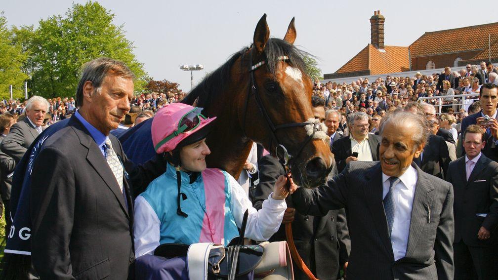 Frankel: Tom Queally with Henry Cecil and Prince Khalid Abdullah after their 2,000 Guineas victory