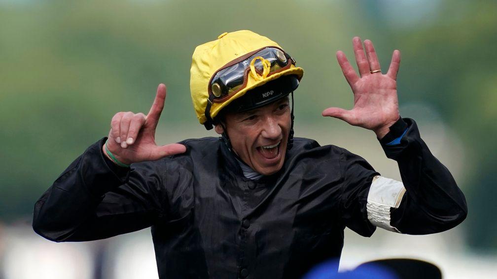 Frankie Dettori celebrates his sixth winner at Royal Ascot this year and his fourth on Gold Cup day after scoring on Stradivarius