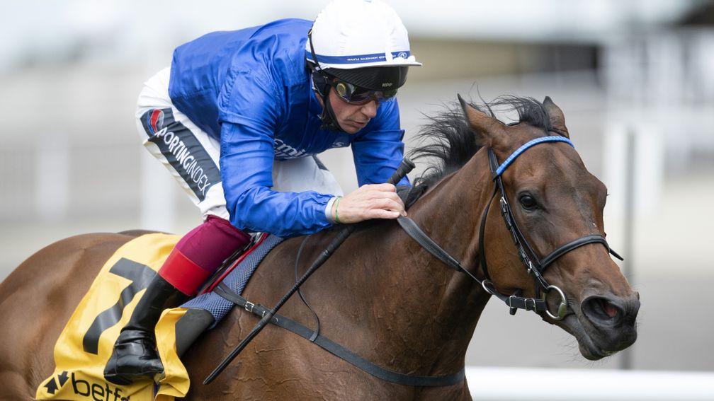 NEWMARKET, ENGLAND - JUNE 06: Terebellum ridden by Frankie Dettori wins the Betfair Dahlia Fillies Stakes at Newmarket Racecourse on June 06, 2020 in Newmarket, England. (Photo by Edward Whitaker/Pool via Getty Images)