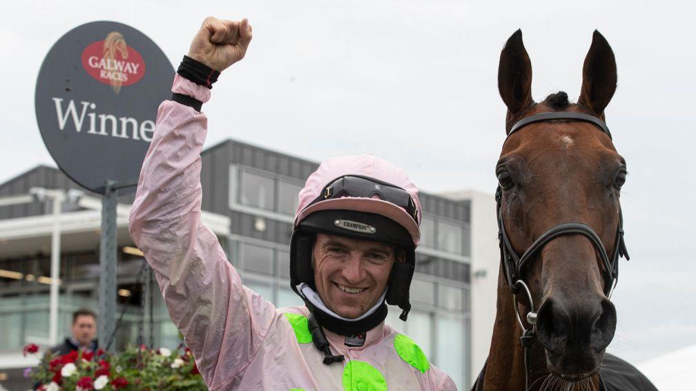 A happy Patrick Mullins after winning third Guinness Galway Hurdle partnering Saldier this year. Galway Festival day 4.Photo: Patrick McCann/Racing Post29.07.2021