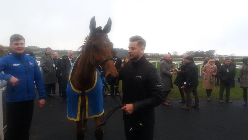 Chris Hughes with Annie Mc after the mares' handicap hurdle at Chepstow