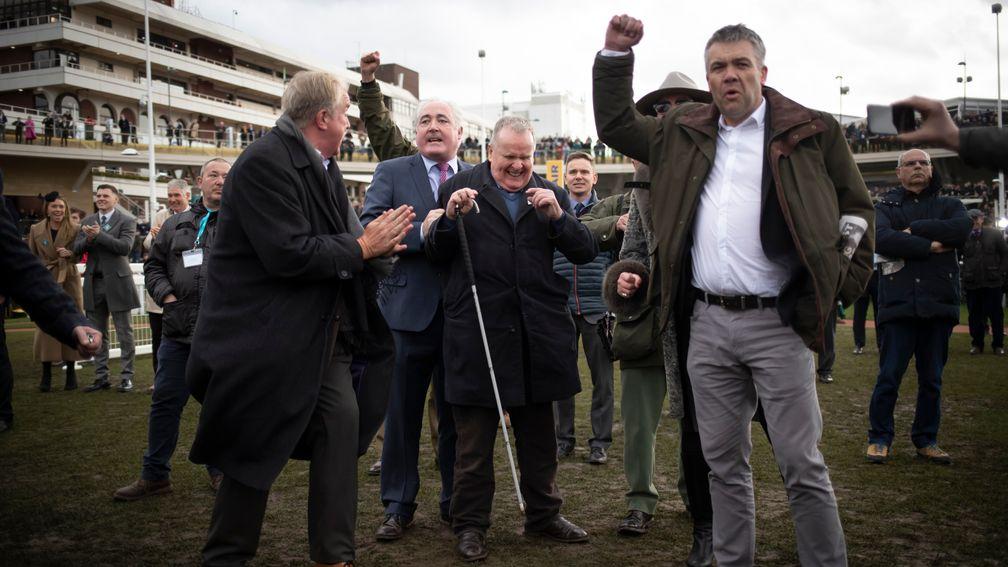 Andrew Gemmell owner of Paisley Park reacts as he listens to him win the Sun Racing Stayers Hurdle (Grade 1).Cheltenham Festival.Photo: Patrick McCann/Racing Post 14.03.2019