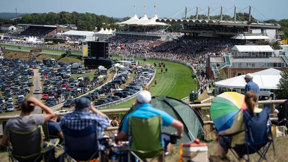 Racegoers enjoy the racing and sunshine from Trundle Hill on Wednesday