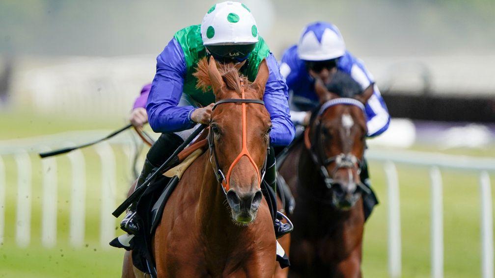 NEWBURY, ENGLAND - MAY 31: Sean Levey riding Isaac Shelby (blue/green) win The Get A Run For Your Money At BetVictor Maiden Stakes (GBB Race) (Div 1) at Newbury Racecourse on May 31, 2022 in Newbury, England. (Photo by Alan Crowhurst/Getty Images)