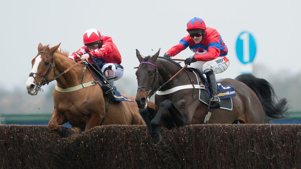 Sire De Grugy (left) jumps the last with Sprinter Sacre before going to down to a narrow defeat in the 2015 Desert Orchid Chase at Kempton