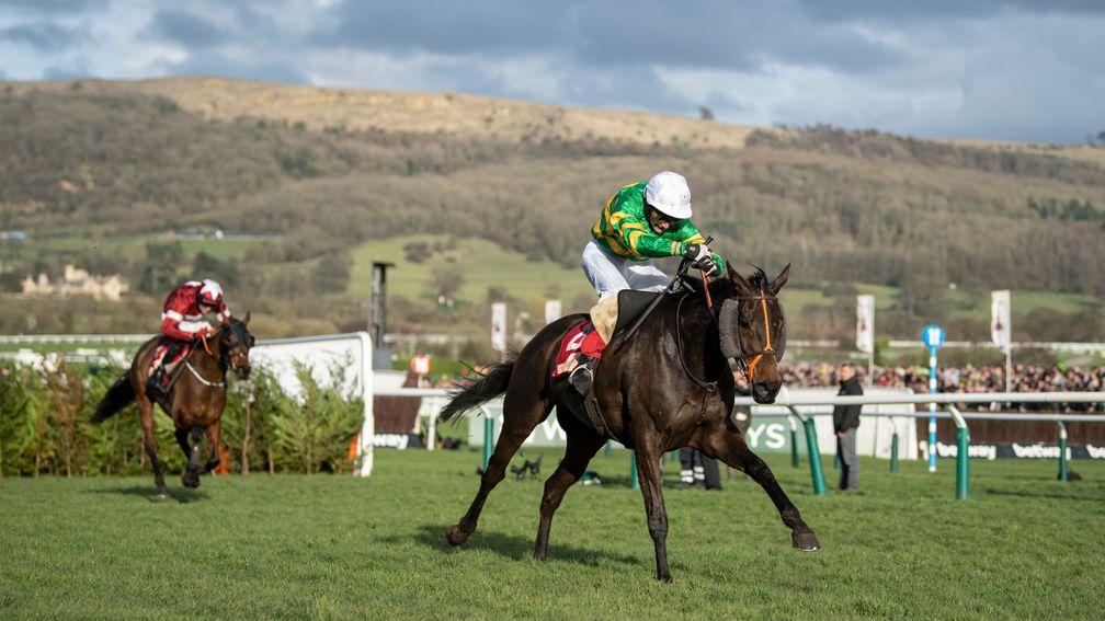 Easysland (Jonathan Plouganou) runs on from the last and beats Tiger Roll in the Cross CountryCheltenham 11.3.20 Pic: Edward Whitaker
