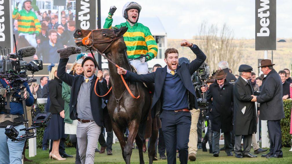 Jason Kiely (punching the air, right) will be hoping for more success with Paul's Saga after leading up Easysland at Cheltenham last year