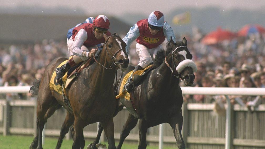 May 1995:  Thierry Jarnet (left) on Pennekamp races past Kevin Darley (right) of Ireland on Celtic Swing during the 2000 Guineas Stakes at Newmarket racecourse, Newmarket, England. Pennekamp went on to win the race.  Mandatory Credit: Phil  Cole/Allsport