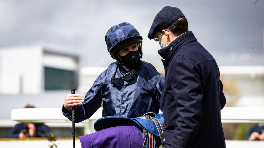 Ryan Moore and Aidan O'Brien in discussion after the Derrinstown Stud Derby Trial