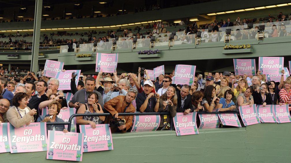 Zenyatta fans make their presence known in support of the wildly poular mare at Santa Anita