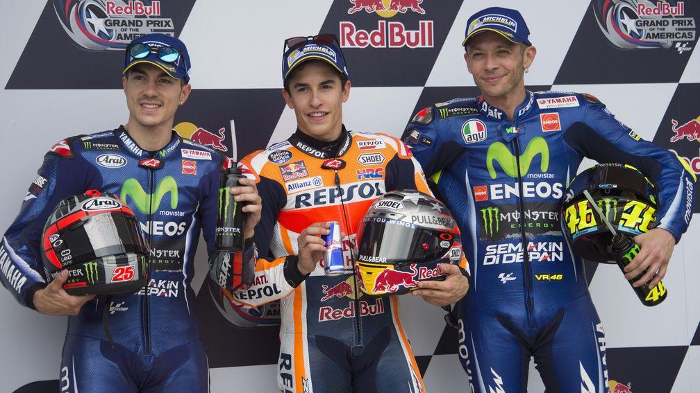 (L-R) Maverick Vinales, Marc Marquez and Valentino Rossi will start on the front row in Texas