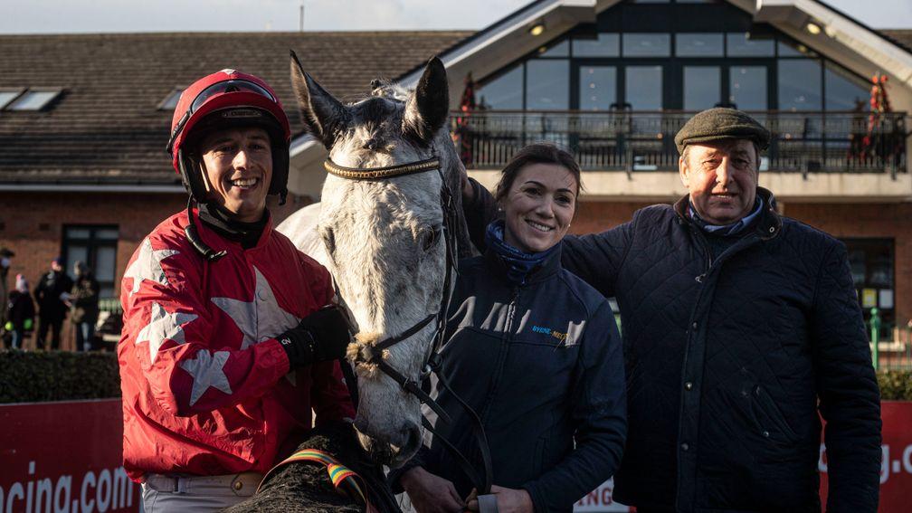 Rider Bryan Cooper and trainer Pat Fahy after Dunvegan's victory in the Grade B handicap chase at Fairyhouse
