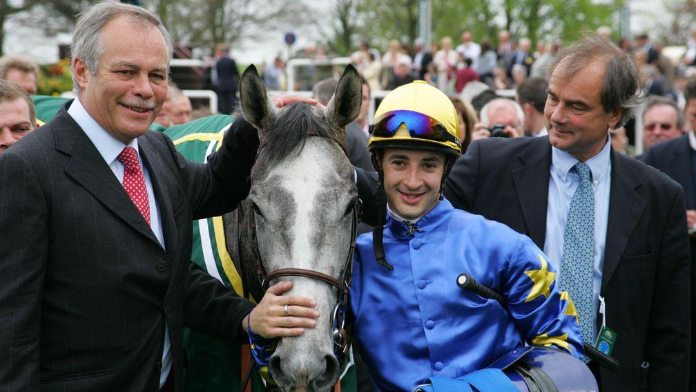 Natagora after her 1,000 Guineas win with jubilant connections (l-r) Patrick Barbe, Christophe Lemaire and Pascal Bary