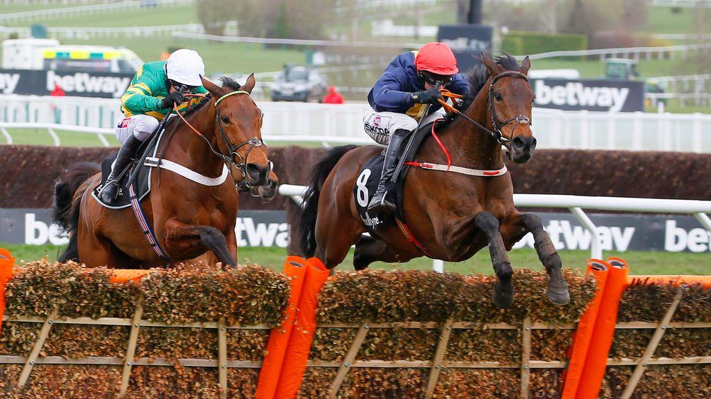 City Island (Mark Walsh, right) jumps the last from Champ on his way to winning the Ballymore Novices' Hurdle at Cheltenham