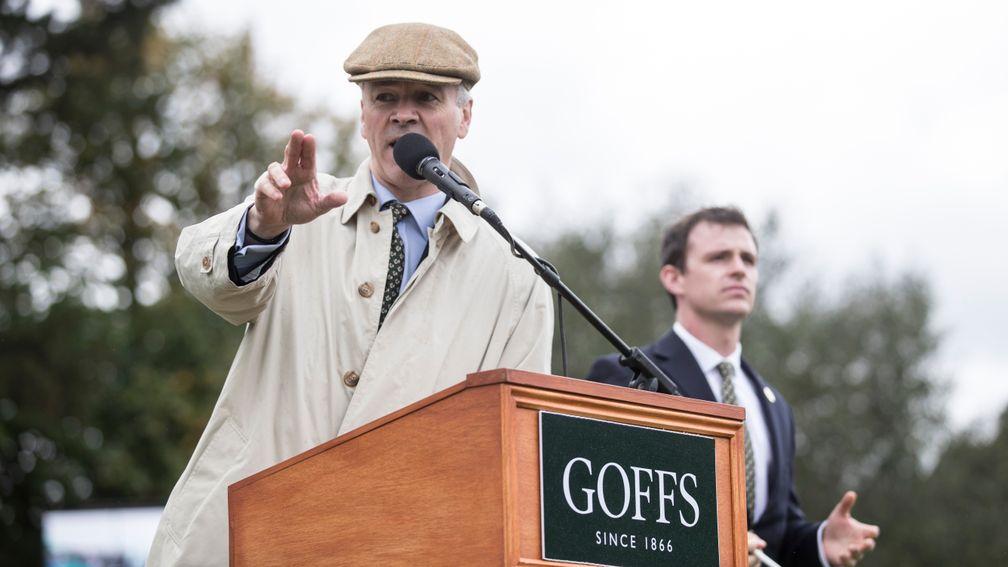 Auctioneer and Goffs group chief executive Henry Beeby conducts proceedings during the 2017 Champions Sale