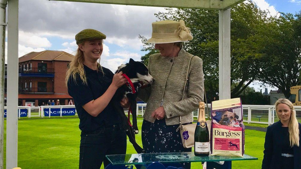 Danielle Mooney and her collie Beau on the winner's podium