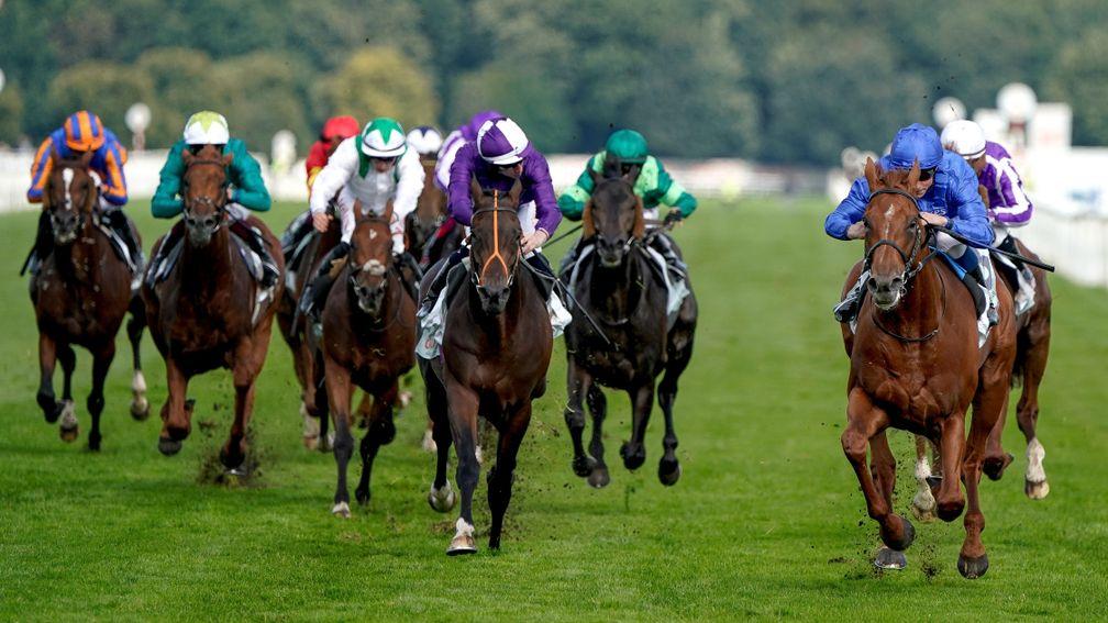 Hurricane Lane (blue, right) won the St Leger at Doncaster