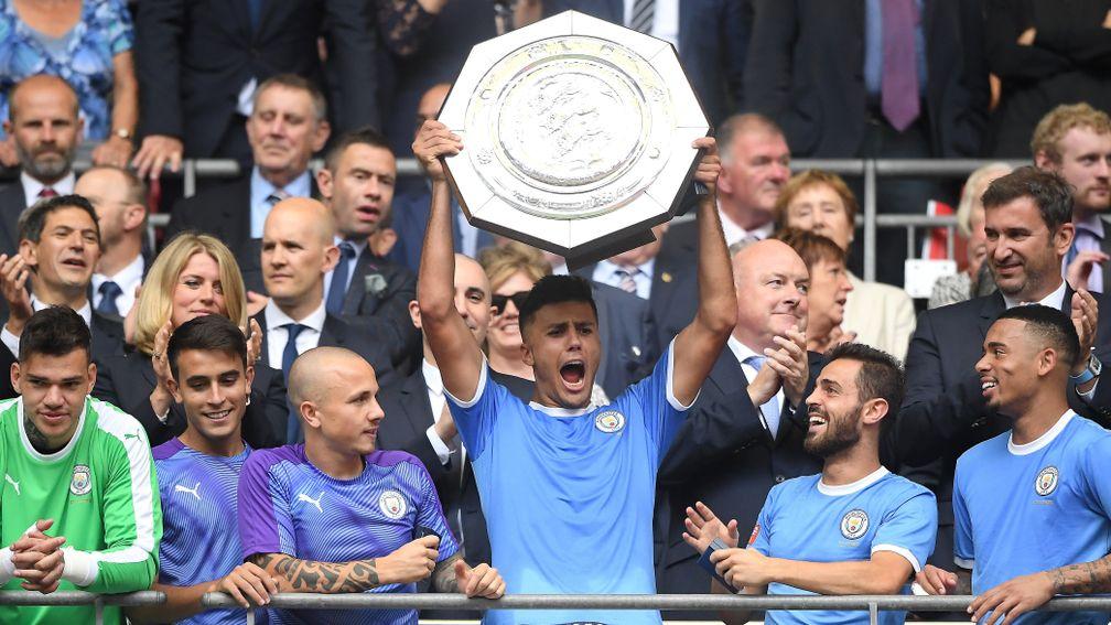 Manchester City new boy Rodri lifts the Community Shield at Wembley
