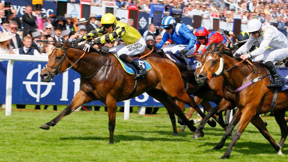 One of Phil Dennis's biggest career victories to date come on Ornate (yellow silks) in the 'Dash' on 2019 Derby Day