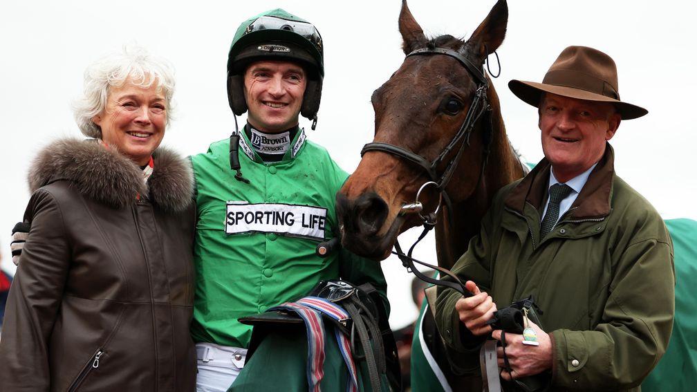 Willie Mullins with wife Jackie, son Patrick Mullins and his 100th festival winner Jasmin De Vaux