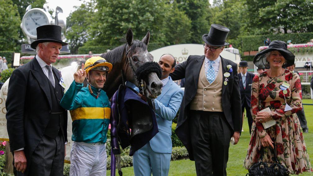 Olivier Peslier in the Ascot winners' enclosure after steering Coronet to success for John Gosden