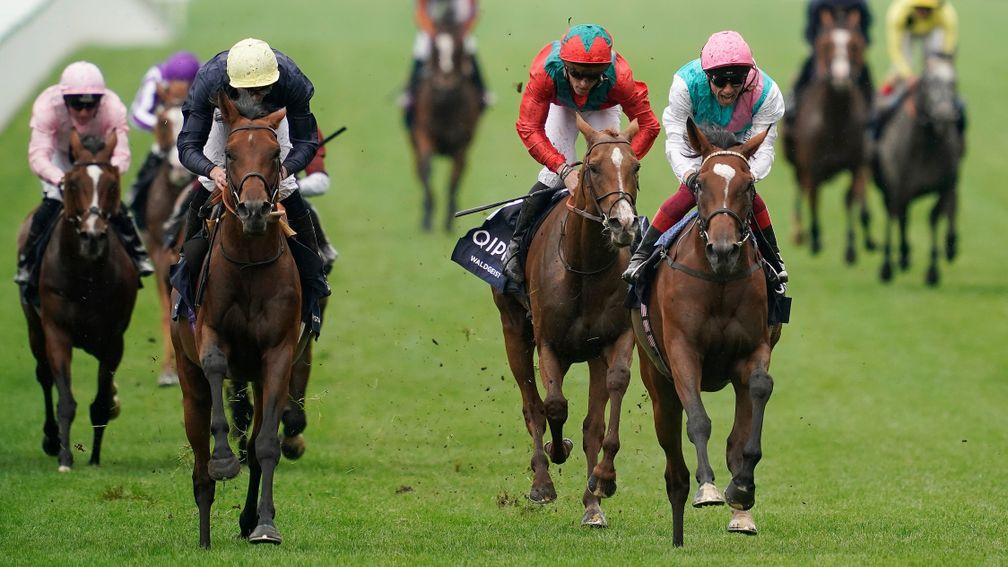 Frankie Dettori riding Enable (pink cap) before winning the King George at Ascot
