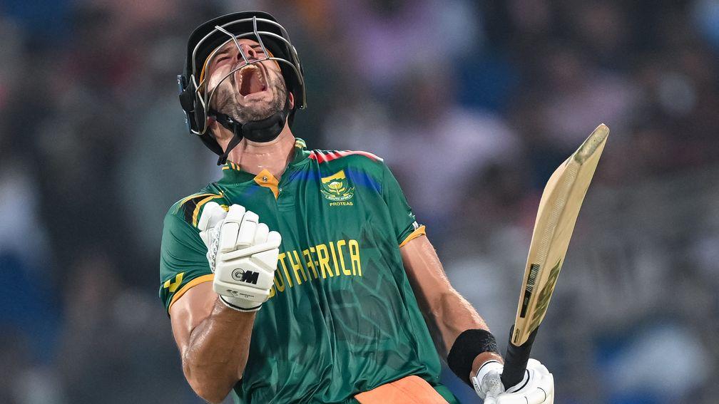 South Africa's Aiden Markram celebrates his 49-ball century against Sri Lanka