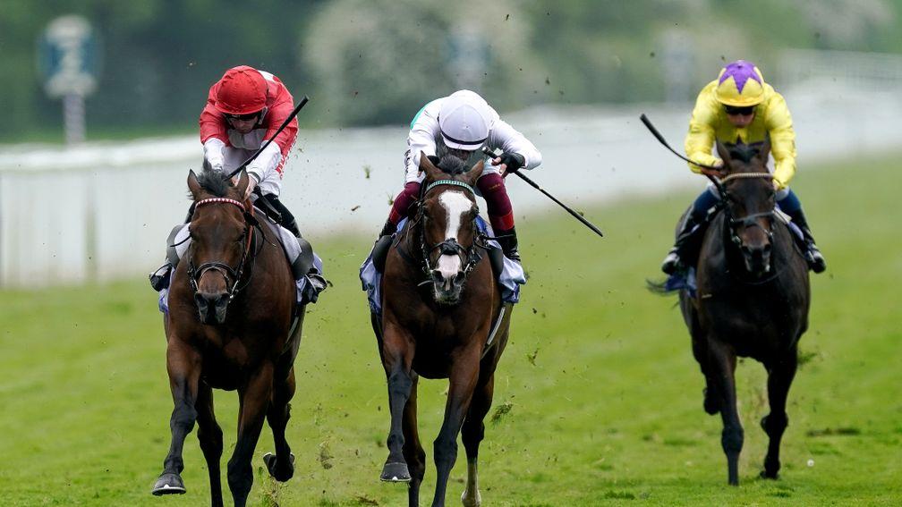 Free Wind (white cap) holds off Rogue Millennium to win the Middleton Stakes at York