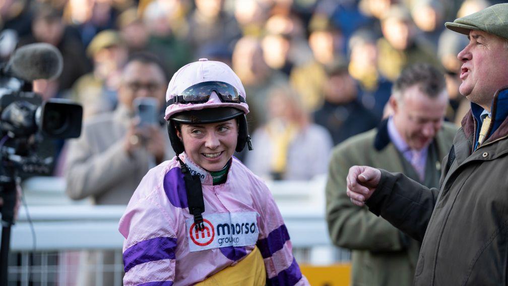A picture of joy and relief from Bryony Frost, alongside Paul Nicholls in the winner's enclosure