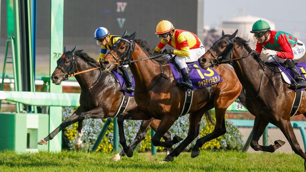 Justin Milano (middle) wins the Grade 1 Satsuki Sho, the first leg of the Japanese Triple Crown