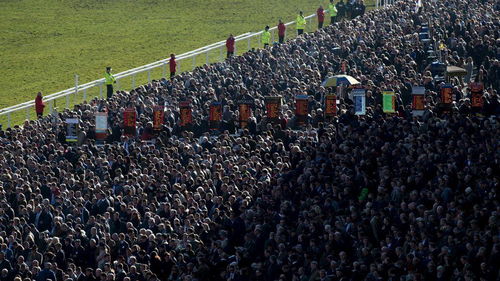 The betting ring swamped at the Cheltenham Festival