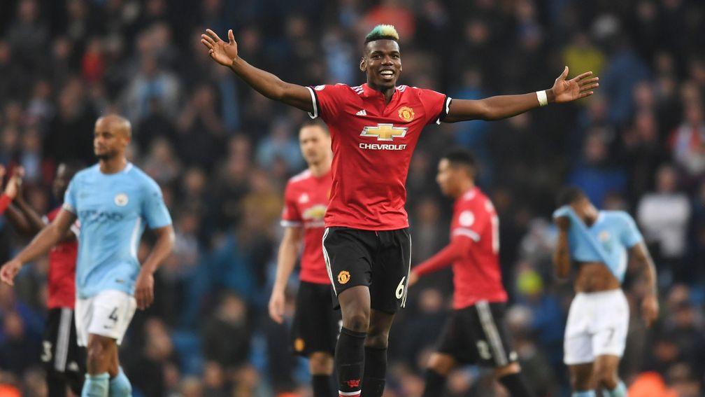Two-goal Paul Pogba celebrates Manchester United's sensationl win at the Etihad