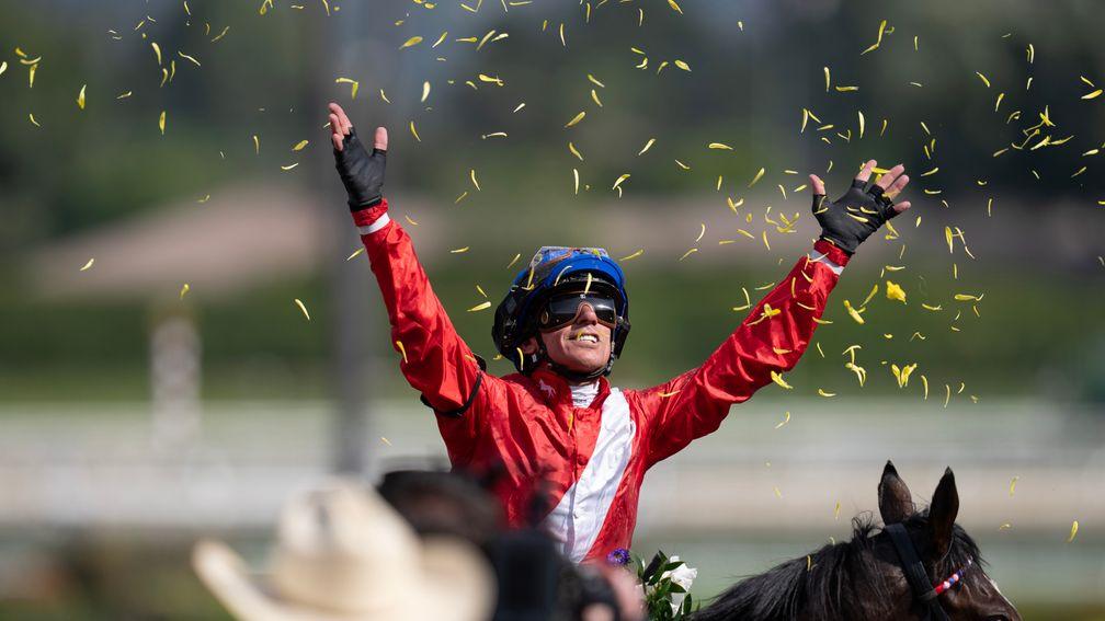 Frankie Dettori celebrates Filly & Mare Turf success with Inspiral