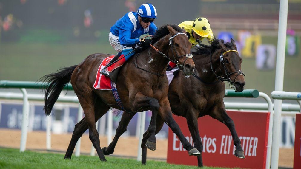 Hukum (Jim Crowley) beats Without A Fight (Andrea Atzeni) in the Group 2 Dubai City Of Gold over 1m 4fMeydan, 5.3.22 Pic: Edward Whitaker