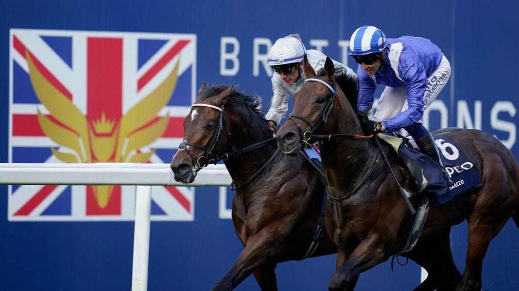 ASCOT, ENGLAND - OCTOBER 16: Jim Crowley riding Baaeed (blue/white) win The Queen Elizabeth II Stakes during the Qipco British Champions Day at Ascot Racecourse on October 16, 2021 in Ascot, England. (Photo by Alan Crowhurst/Getty Images)